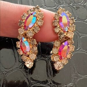 Vintage Juliana Red Aurora Borealis Crystal Curved Gold Tone Clip Earrings